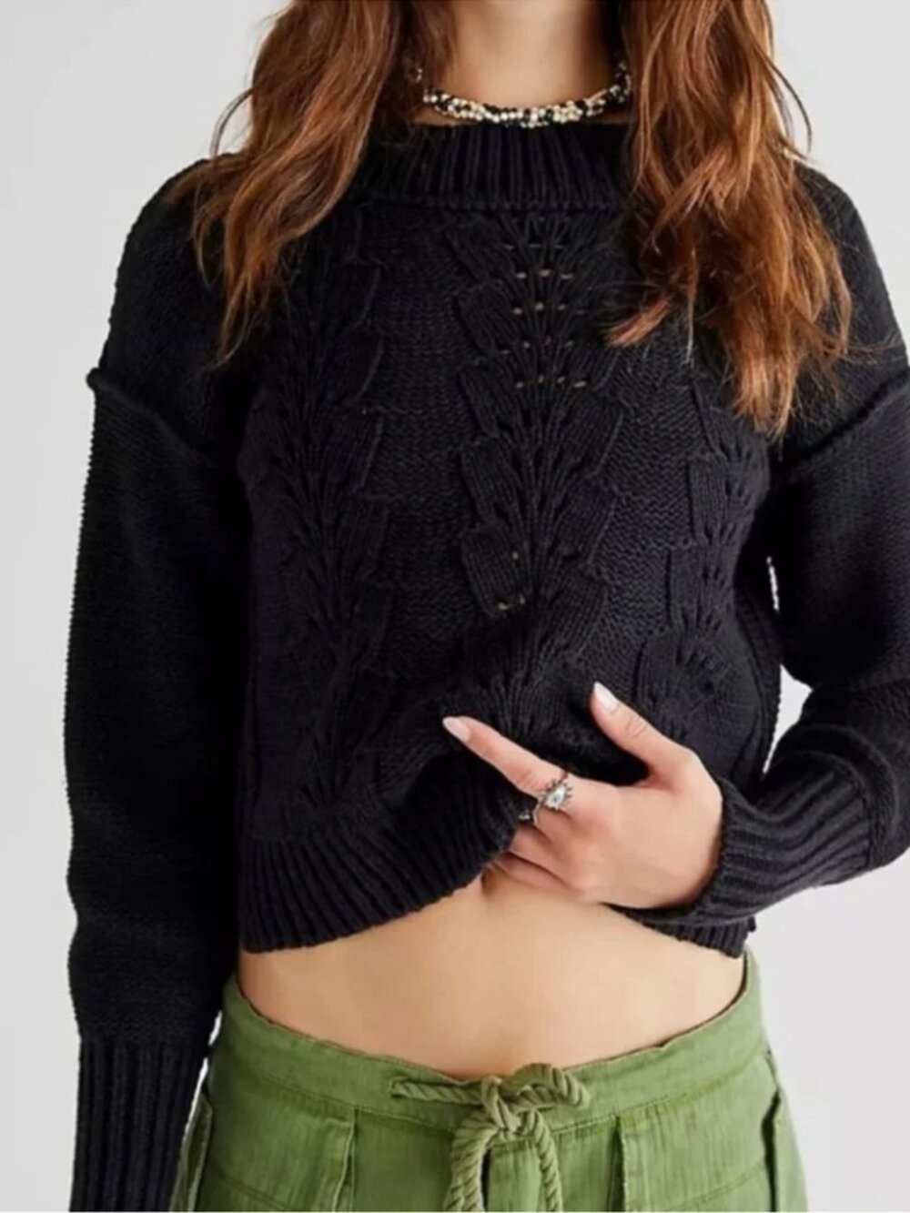 FREE PEOPLE Bell Song Sweater Womens Small Black Knit Mock Neck Cropped Pullover
